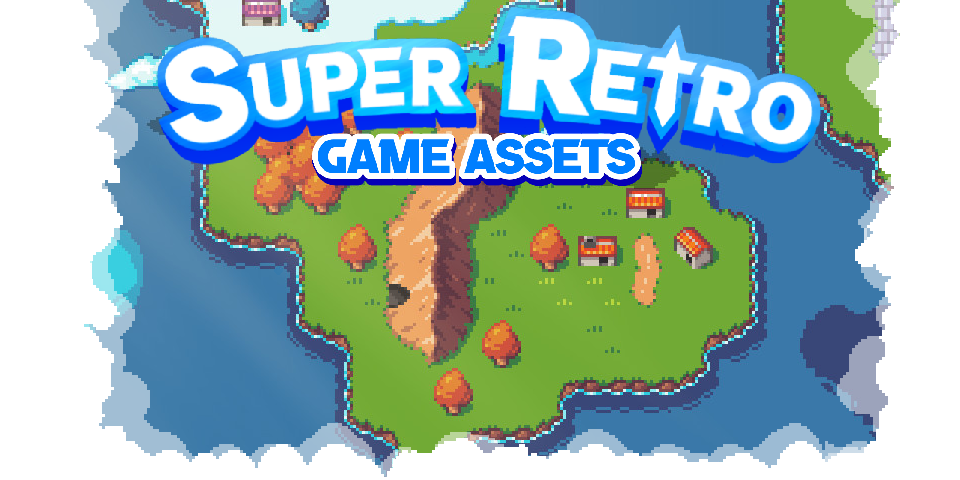 Pixel art overworld map with trees, buildings, and water, overlaid with the text 'SUPER RETRO GAME ASSETS'.
