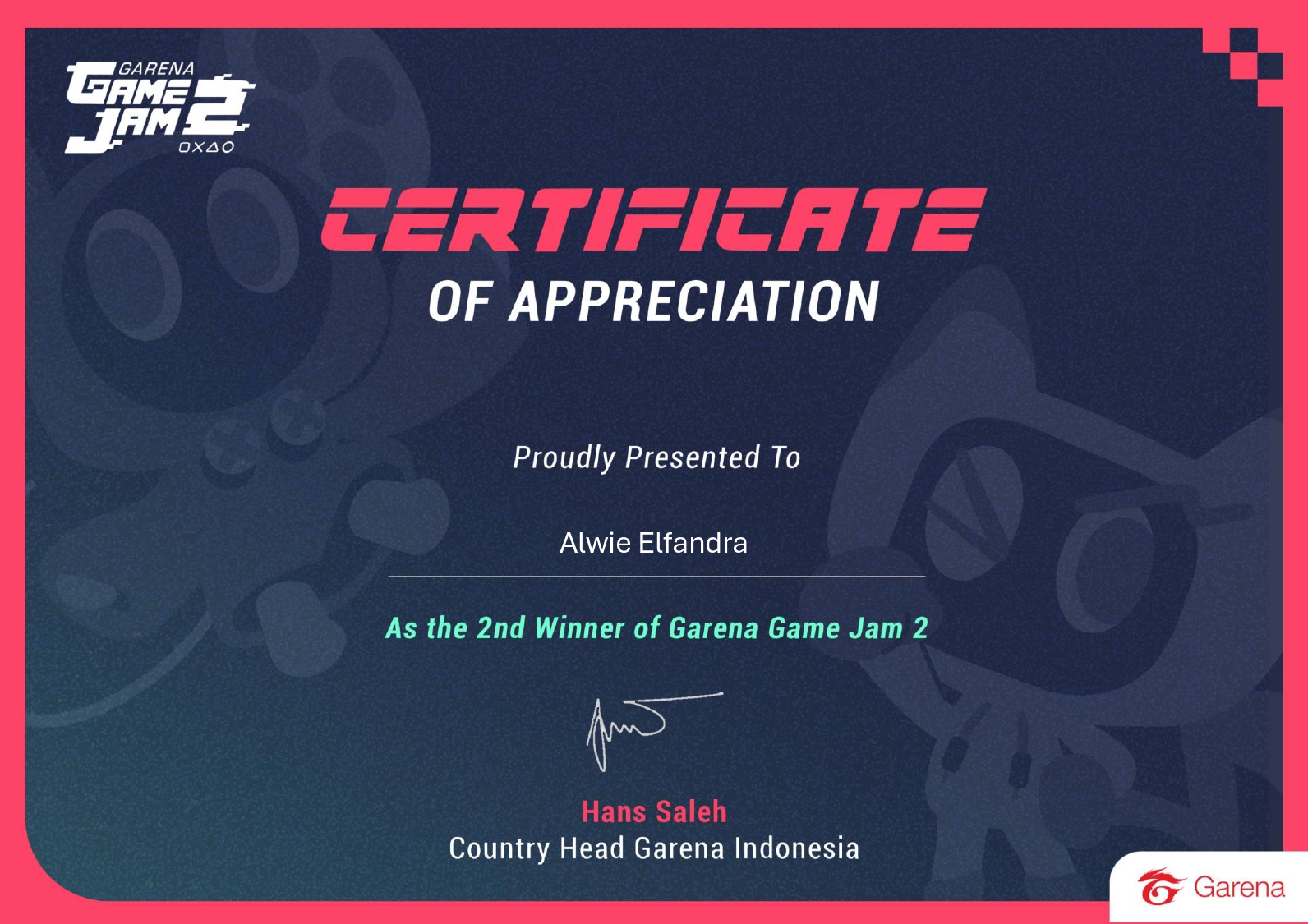 Garena Game Jam 2 certificate