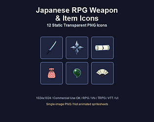 Japanese RPG Weapon & Item Icons - 12 Transparent PNG Set cover