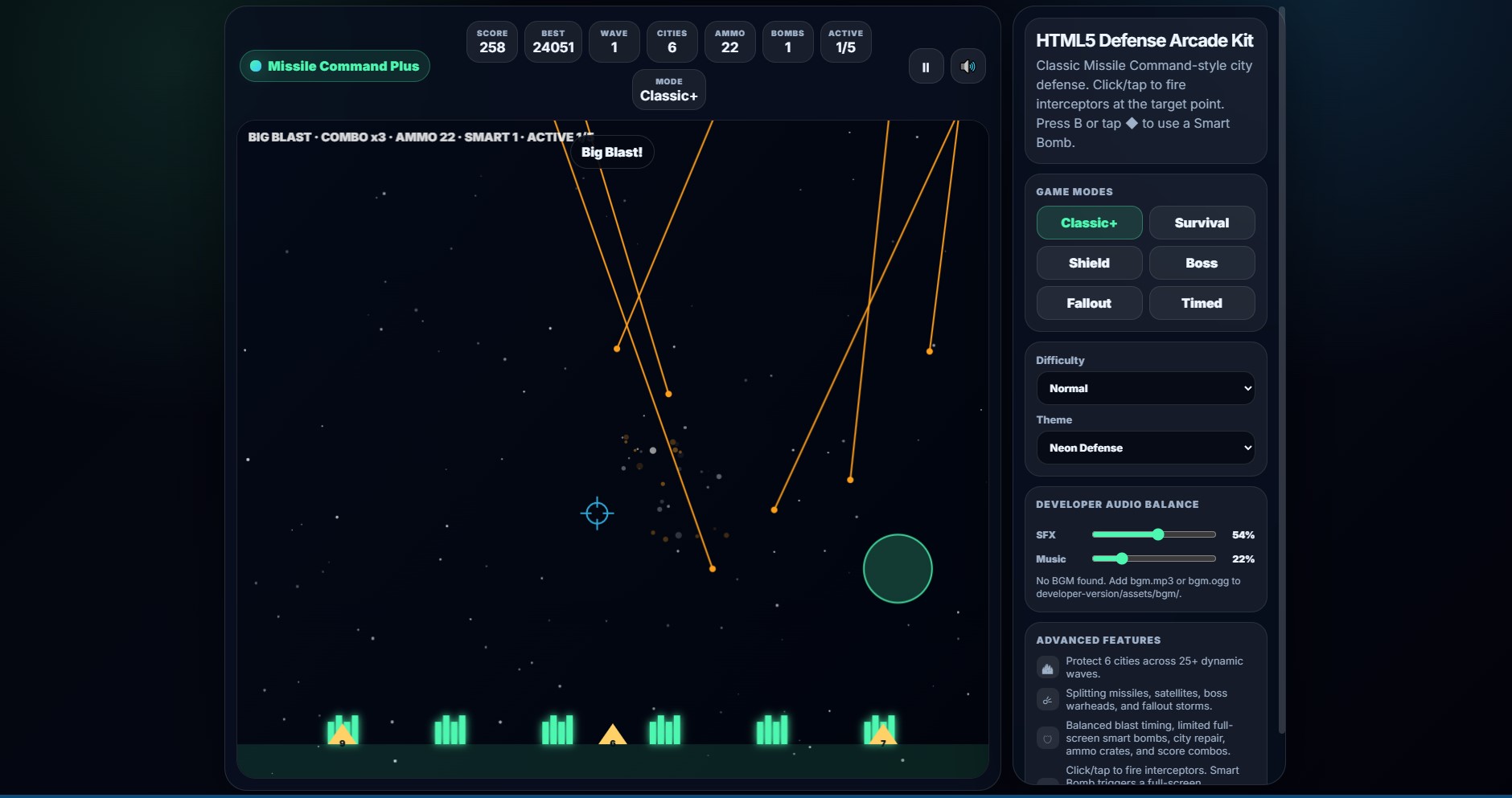 Missile Command Plus Clone Engine - HTML5 Arcade Defense Game Kit by ...