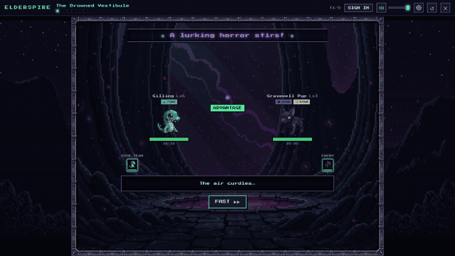 Elderspire &mdash; auto-battler combat: two eldritch creatures fight in the arena