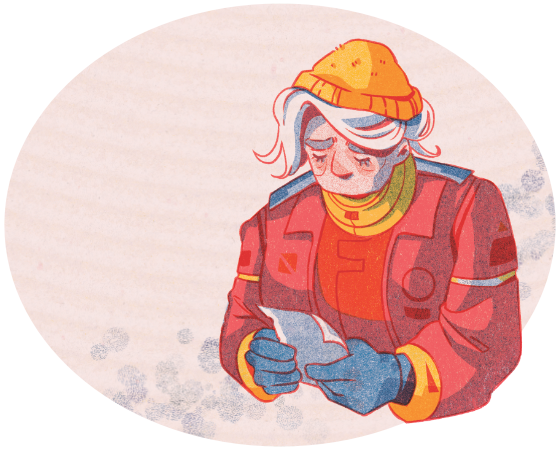A drawing of an older white woman in neon cyberpunk style clothes looking sadly at a letter
