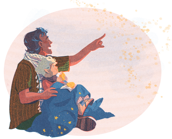 A drawing of a young child with pale skin, white hair, white eyes, and pointed ears eating a coxinha (a Brazilian snack of meat in fried dough) and sitting in the lap of a Palestinian man. The man is pointing up at the stars and smiling.