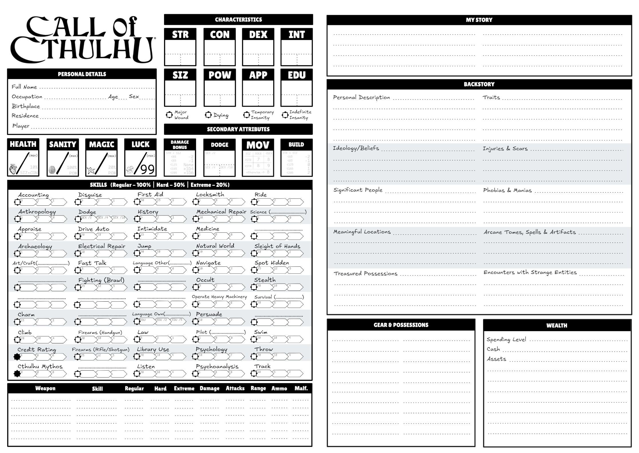 Cover image for Minimalist Noir Character Sheet for Call of Cthulhu RPG