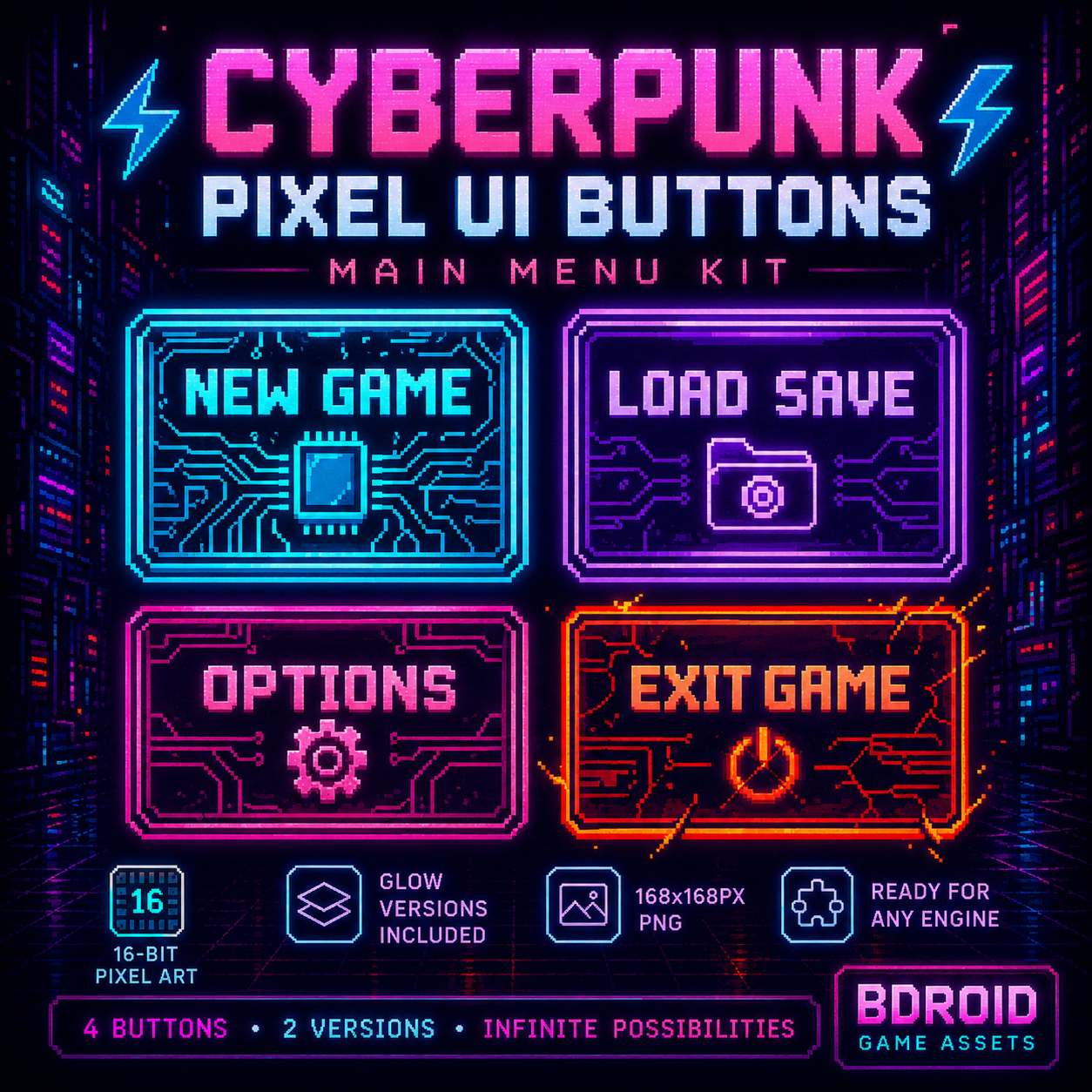 Cyberpunk Pixel UI Buttons – Main Menu Kit | BDROID by PIXEL YAM
