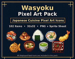 Japanese Cuisine Pixel Art Icons 32x32 - 102 Items cover