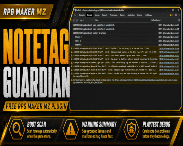 Cover image for Free RPG Maker MZ Plugin: CT_NotetagGuardian - Notetag Validator & Warning Helper