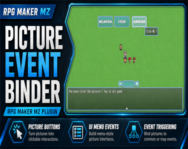 Cover image for RPG Maker MZ Plugin: CT Picture Event Binder – Clickable Picture & UI Buttons