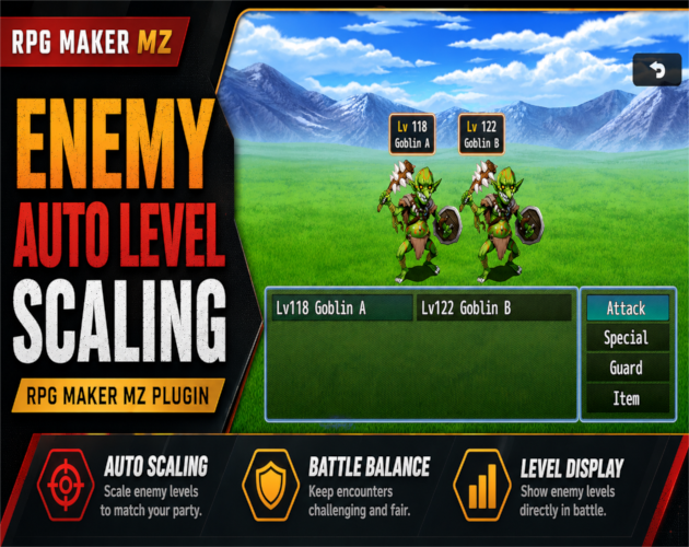 CT Enemy Auto Level Scaling thumbnail for the RPG Maker MZ dynamic enemy level and stat scaling plugin.