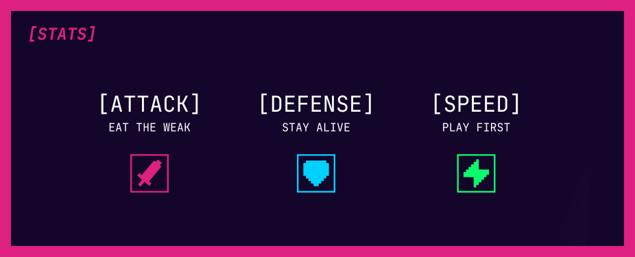 Stats: Attack (eat the weak), Defense (survive), Speed (play first) Stats: Attack (eat the weak), Defense (survive), Speed (play first)