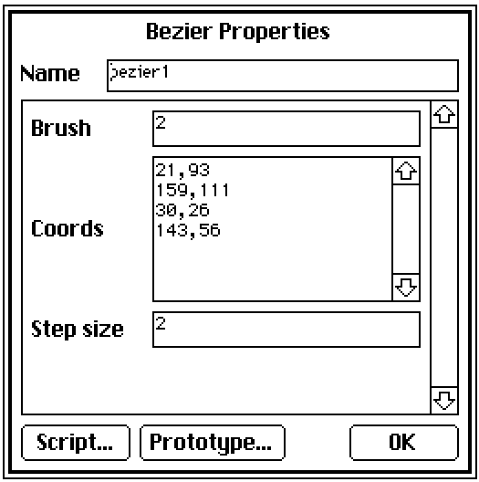 Contraption properties, listing “Brush”, “Coords” (coordinate pairs, one per line) and Step Size