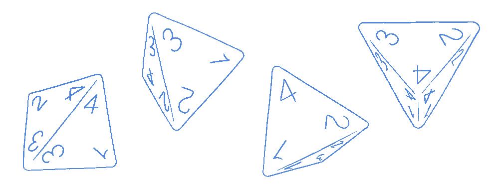 A simple GIF of four, four-sided dice, periodically flashing a glitching overlay.