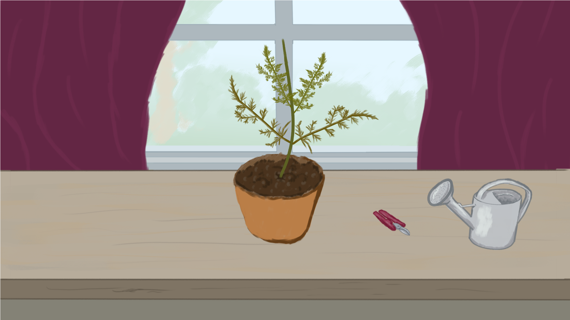 A screenshot of a game in a handdrawn style featuring a wooden table in front of a window with purple curtains to the sides. In the center on the table is a slender green potted plant. To the right, there is a purple pair of plant scissors and a metallic watering can.