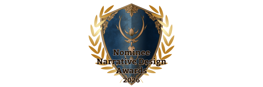 A blue shield decorated with golden laurels featuring a text: “Nominee Narrative Design Awards 2026”.