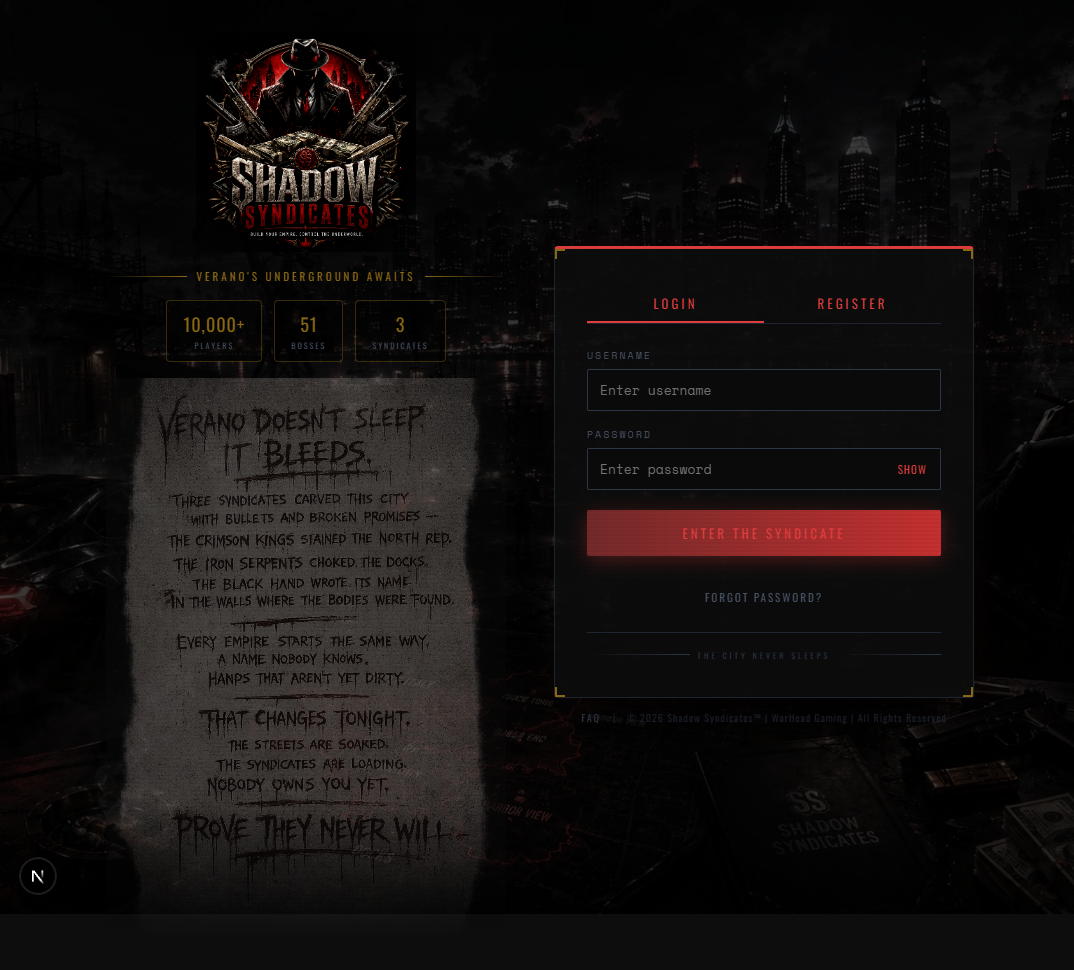 Shadow Syndicates Log In Page