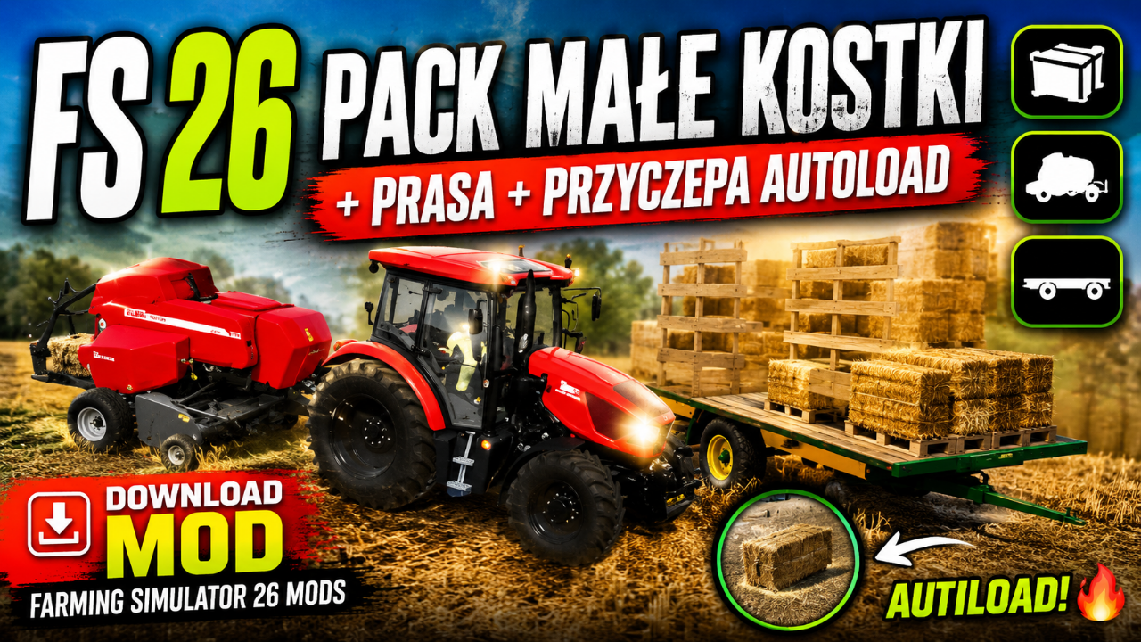 FS 26 PACK MAŁE KOSTKI + PRASA+PRZYCZEPA AUTOLOAD