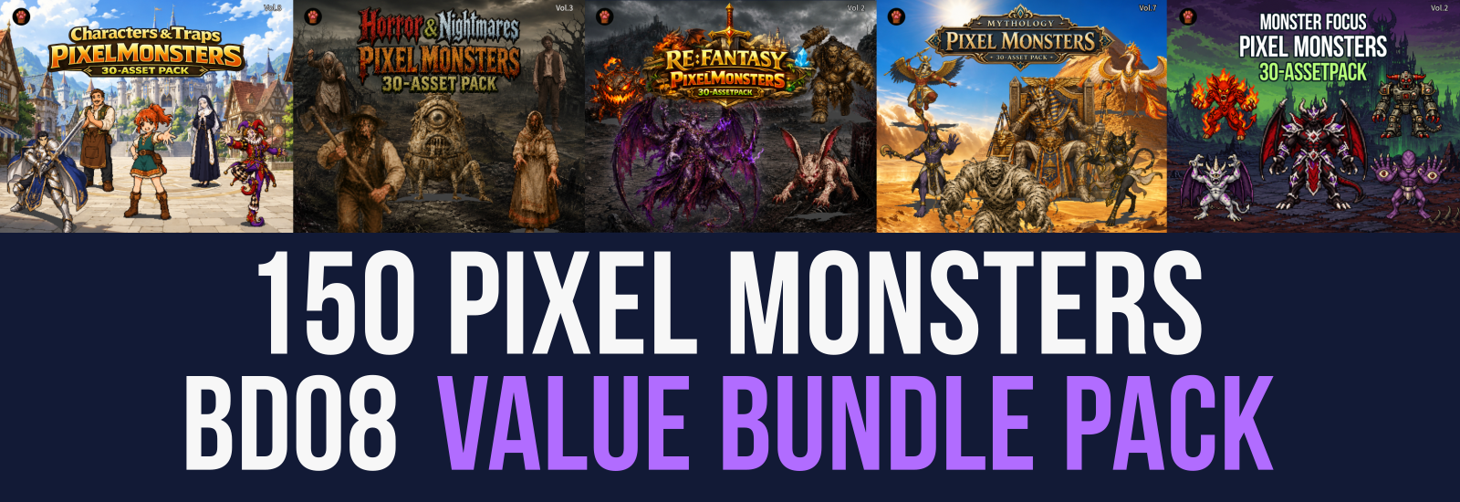 BD08 — CP36–CP40 Bundle (150 Pixel Monsters, PNG, S/M/L/LL) by Pixel ...