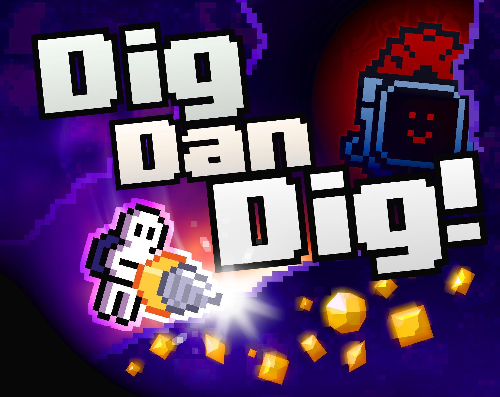 Dig Dan Dig cover art showing an incremental mining game with drills, upgrades, and combat drones