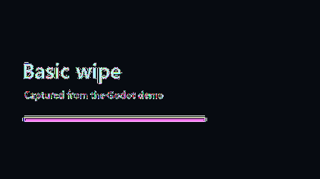 Real Godot transition showcase loop with wipe, pixel dissolve, glitch, and map travel effects.