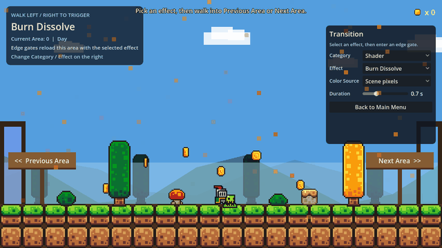Burn dissolve shader transition with ember-like particles.
