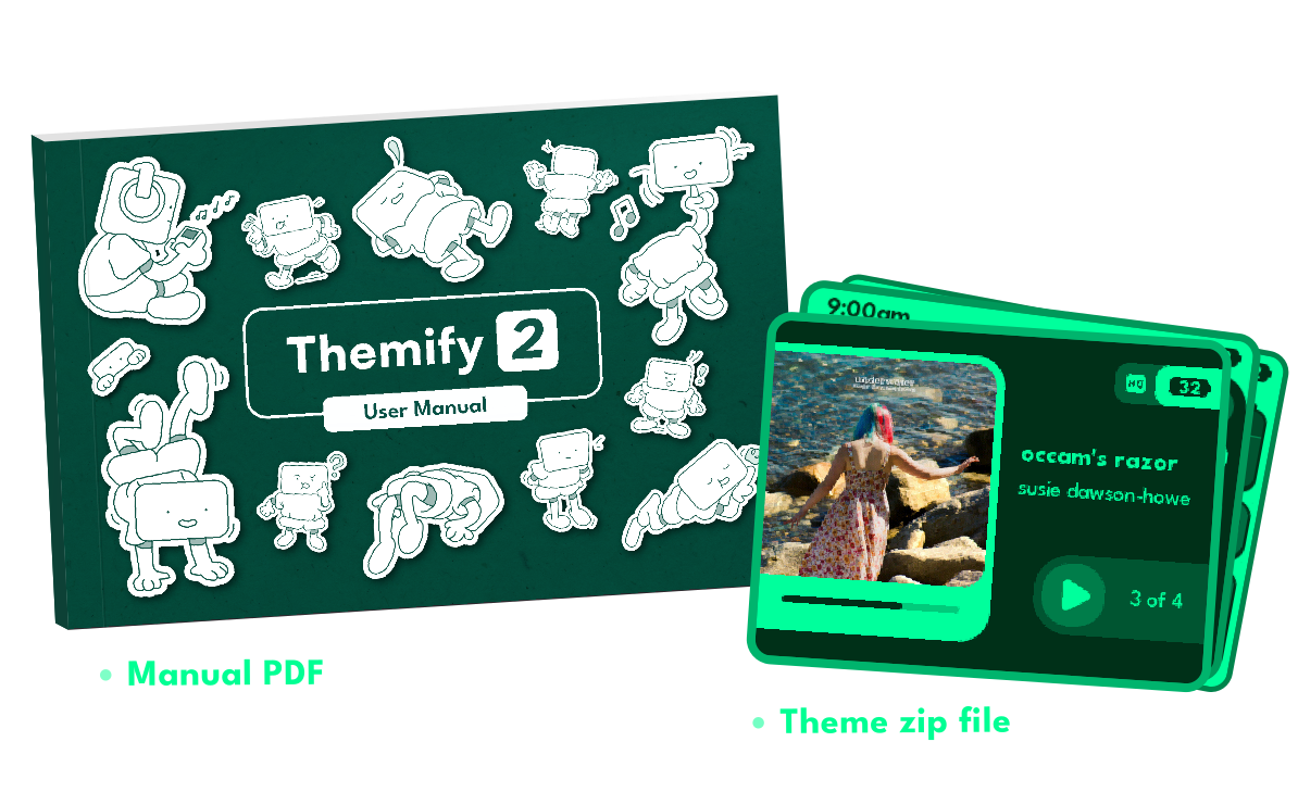 left side features an image of the manual with the text 'manual PDF', the left side features an array of images of the theme's UI stacked on top of each other with the text 'Theme zip file'