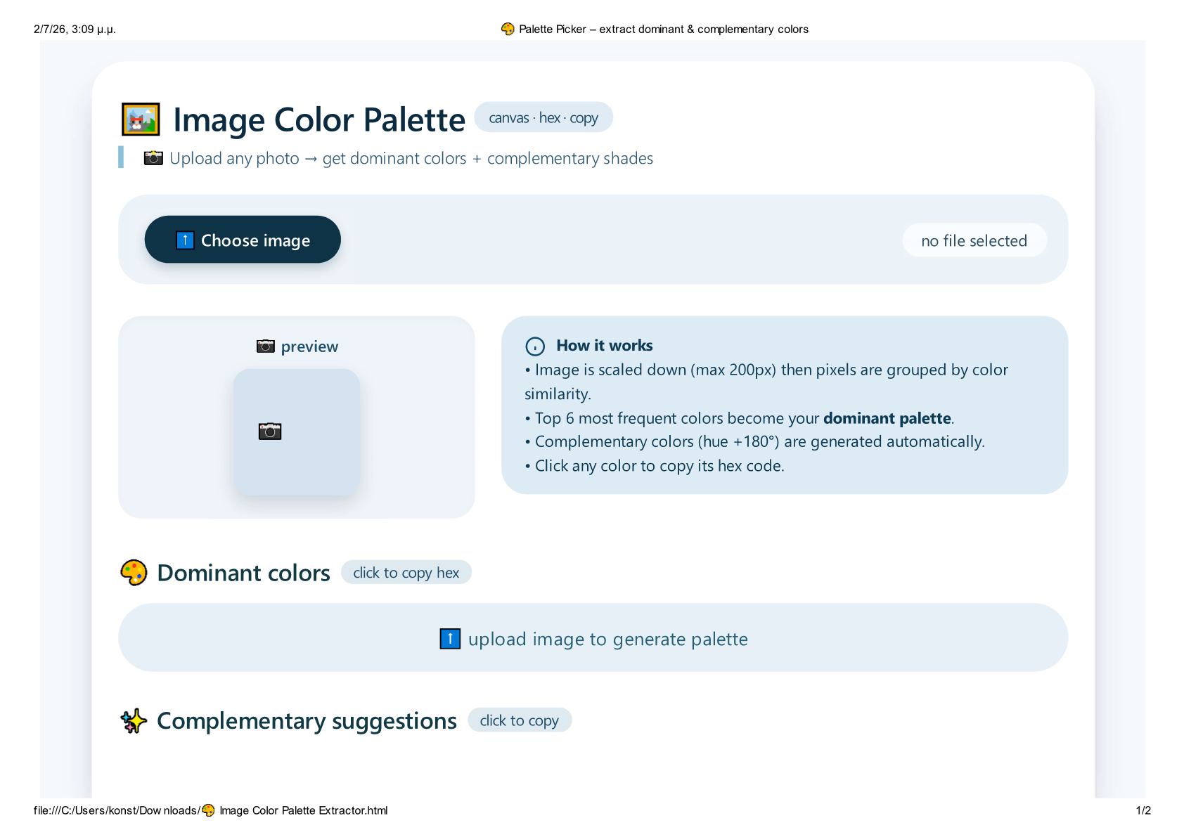 image color palette extractor using html, css and... 🎨 Palette Picker – Image Color Palette Extractor by 2d creator