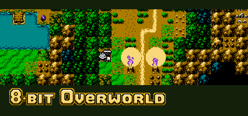 8-bit Overworld Pixel art map with forests, water, paths, and two glowing characters; text reads '8-bit Overworld' at the bottom.