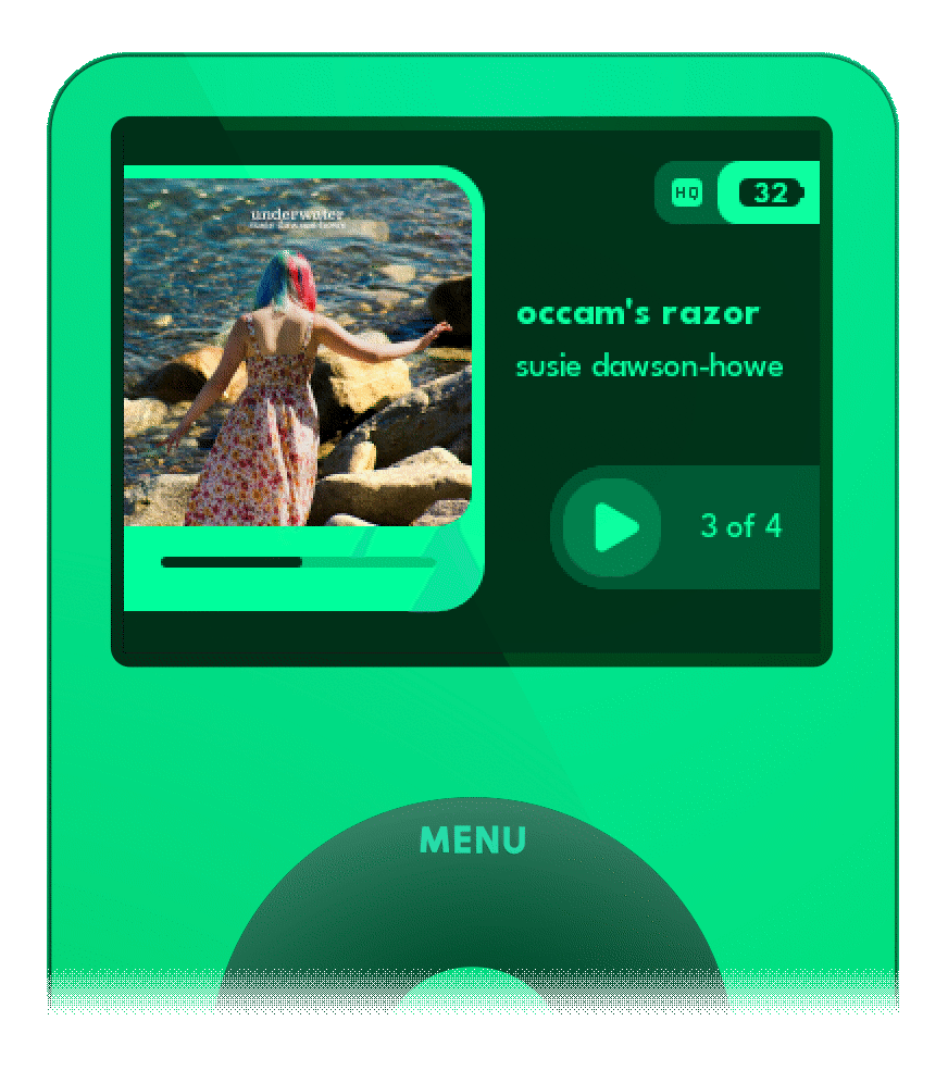 An animation of an upright iPod image, it's screen is cycling through the UI of the theme