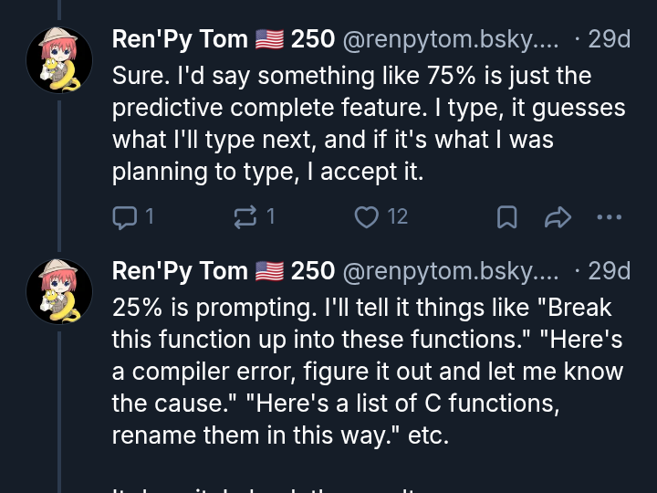 Screenshot of two BlueSky posts in June of ‘Ren’Py Tom USA-flag 250’ misrepresenting three LLMs as one entity, referred to as ‘it’ 75% of the time to fill in lines of code and 25% to make up new code or problem-solve through prompts.