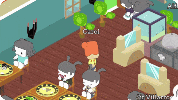 Food Friends gameplay &mdash; waiter Carol serving dishes to customers in a busy restaurant