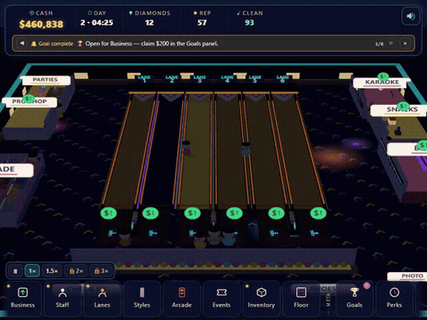 Strike City โ neon lanes at night with a full disco floor