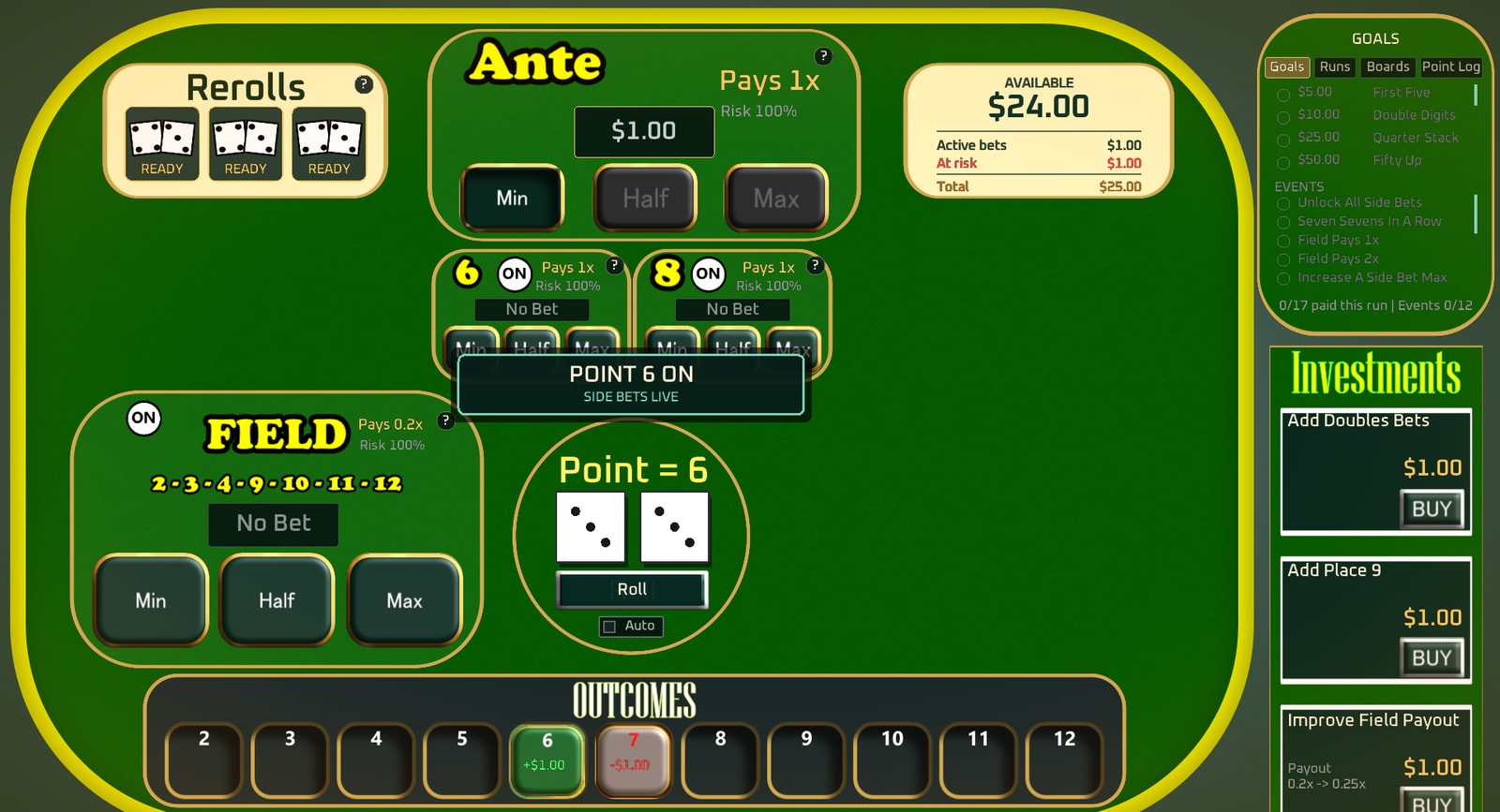 Point established with side bets live