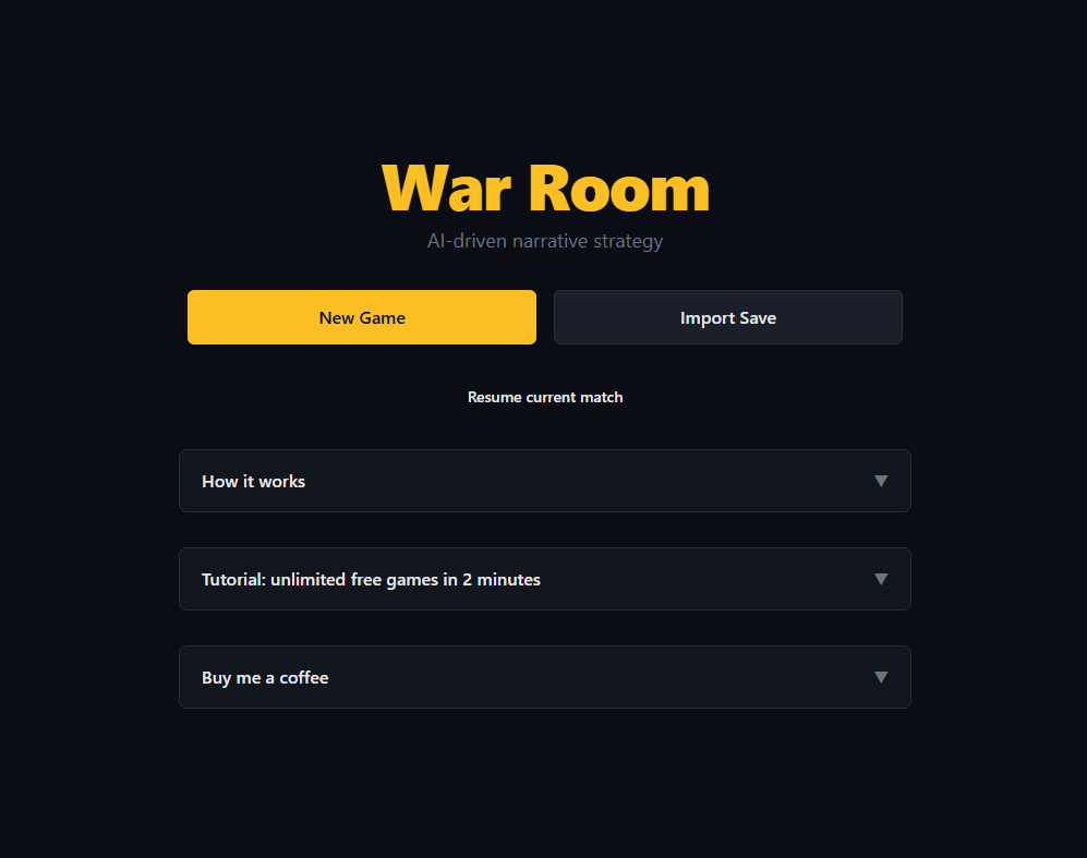 War Room home screen showing the main menu with New Game, Import Match, Tutorial, and Buy me a coffee options in English