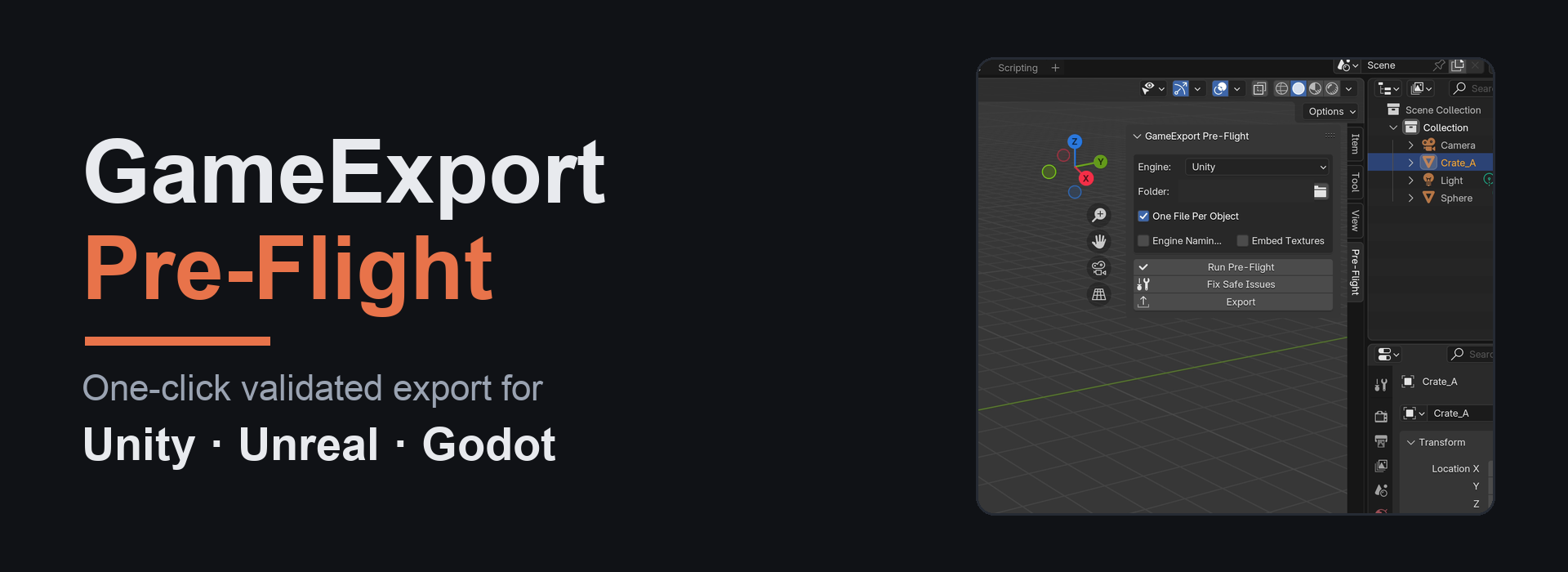 GameExport Pre-Flight — One-Click Validated Export for Unity, Unreal & Godot (Blender 4.2+)