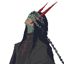 Cazandir, an NPC in Pyrebound, pale face covered by chains bound around it, long dark hair, two red spikes woven vertically into the chains around their head, wearing brown-grey robes with red embroidery down the front