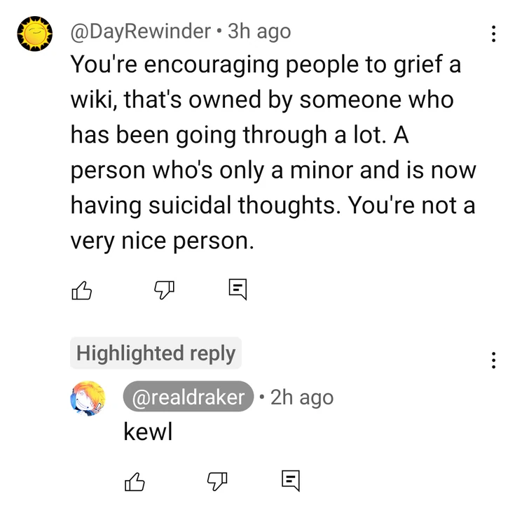 Draker saying "kewl" at the fact he is telling his fans to harass someone.