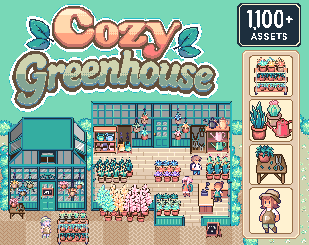 House sitting アクリル画　F3 Cozy Greenhouse - 1,100+ 32x32 Pixel Art Assets by Maygetsu
