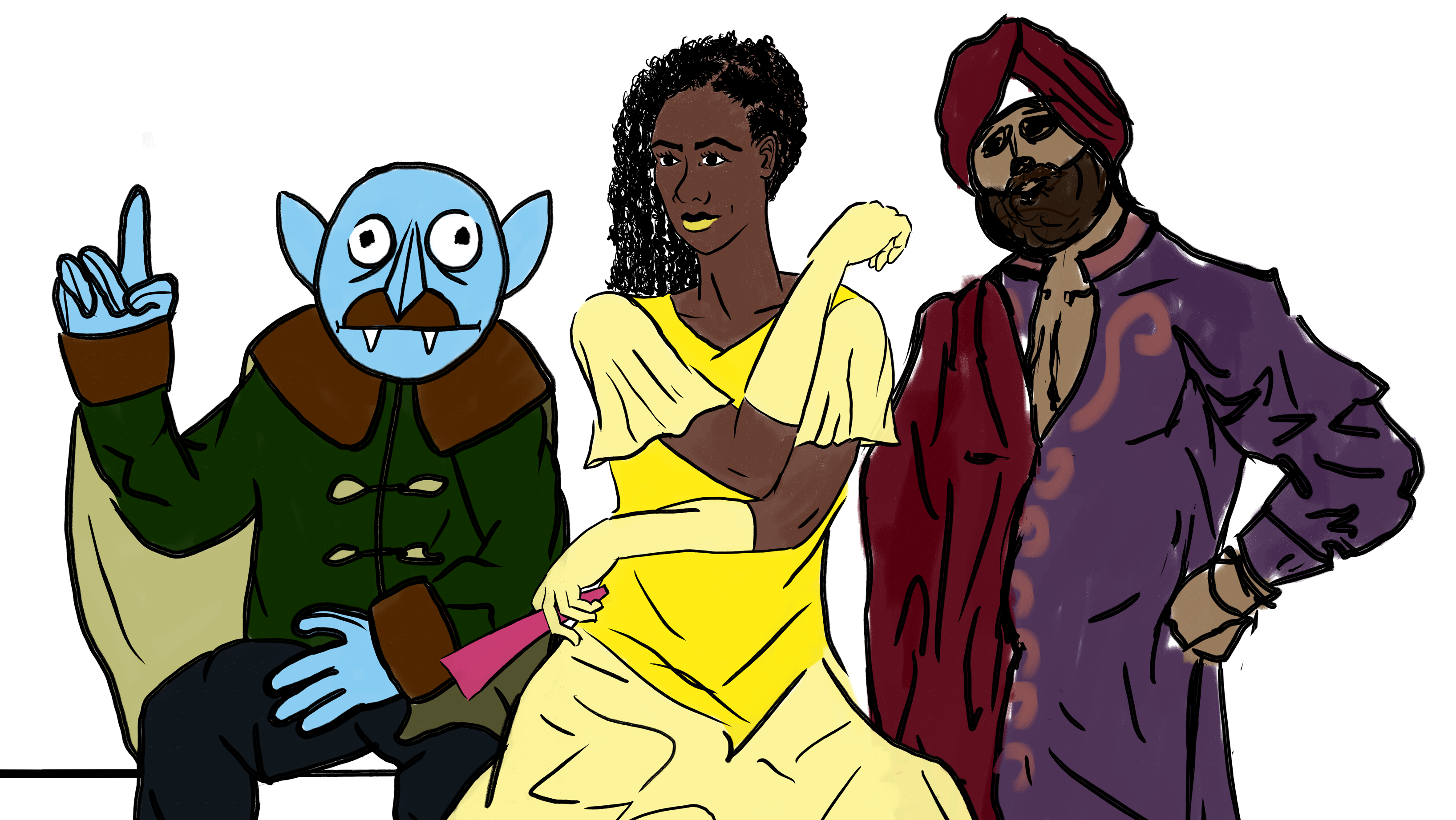 The Counts. Orlok is a silly blue puppet man with a moustache, Ada is an elegant woman in a yellow dress, and Edmond is a serious man with a purple tunic and a red turban. The Counts. Orlok is a silly blue puppet man with a moustache, Ada is an elegant woman in a yellow dress, and Edmond is a serious man with a purple tunic and a red turban.