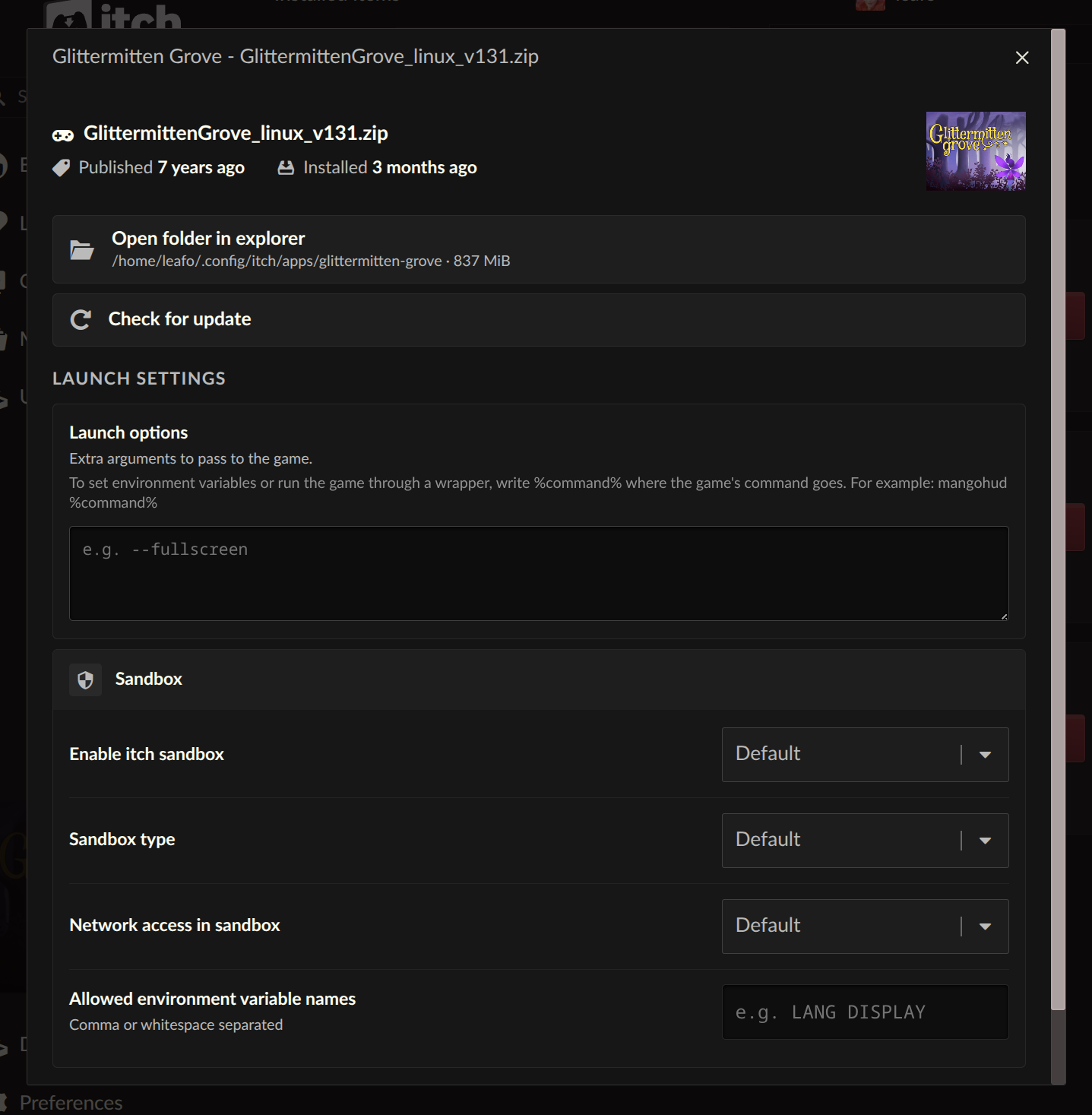 screenshot of launch settings