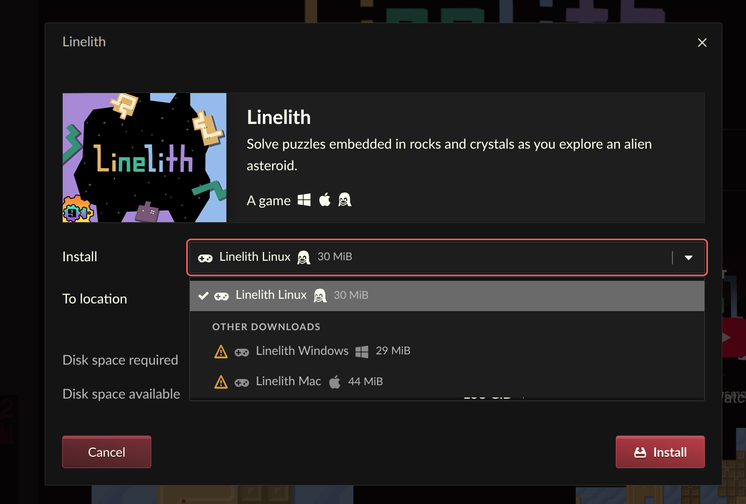 screenshot of install dialog with unsupported options shown