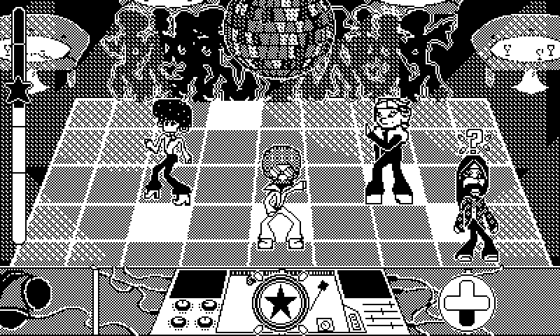 Game level taking place in a dance club. The main character is in the center, surrounded by other dancers, while the game UI shows button inputs scrolling by at the bottom, highlighted in different ways depending on player timing