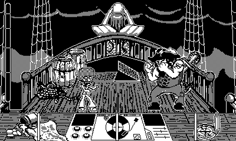 Game level taking place on a pirate ship. The main character is on the left side, facing off against a large pirate, who is on the right, as if they're about to trade blows. They take turns doing dance moves instead, as a number of button prompts scroll from right to left at the bottom of the screen