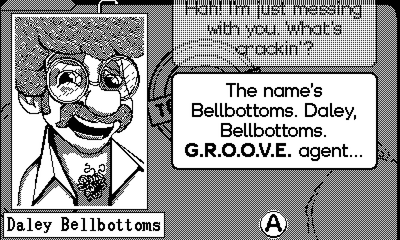 A conversation between a man with glasses, a mustache and a big head of hair and a smiling woman who are part of the team of agents. She wears big hoop earrings, glasses, and we can see the microphone from a headset. The lines from the man say 'The name is Bellbottoms. Daley, Bellbottoms. G.R.O.O.V.E. agent... extraordinaire' to which the woman responds 'Come on Daley, you are going to scare the new recruit *sighs* Nevermind all that, he does it all the time'. Name tag under the character images say 'Daley Bellbottoms' and 'Melody Handler'