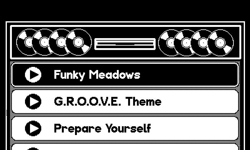 Animation showing scrolling through song titles in the Jukebox, until some are shown as locked. One of the unlocked songs is selected and a simple progress bar with current and total time appears while the song plays