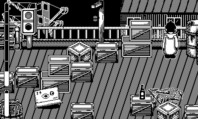 A game level taking place at the docks, with a guard suspiciously looking at an upside down cardboard box that might or might not be moving