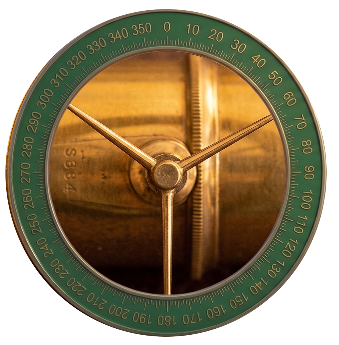 Circular mechanical riddle interface with a numbered green outer ring and three brass pointers over an amber mechanism.