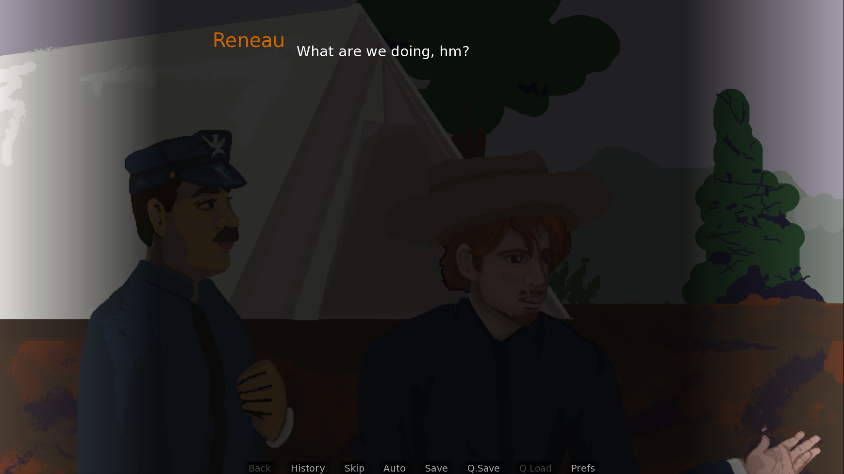 Mockup with NVL screen over a digitally painted scene of two men in front of a large tent.