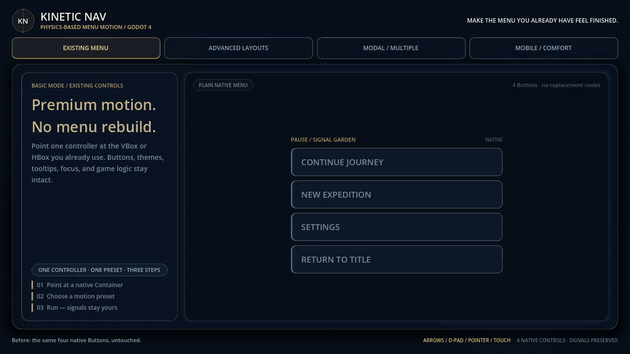 Kinetic Nav existing-menu transformation and input demo