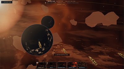 The descent into a mission system, site cards along the bottom and gold hulls over the ember clouds