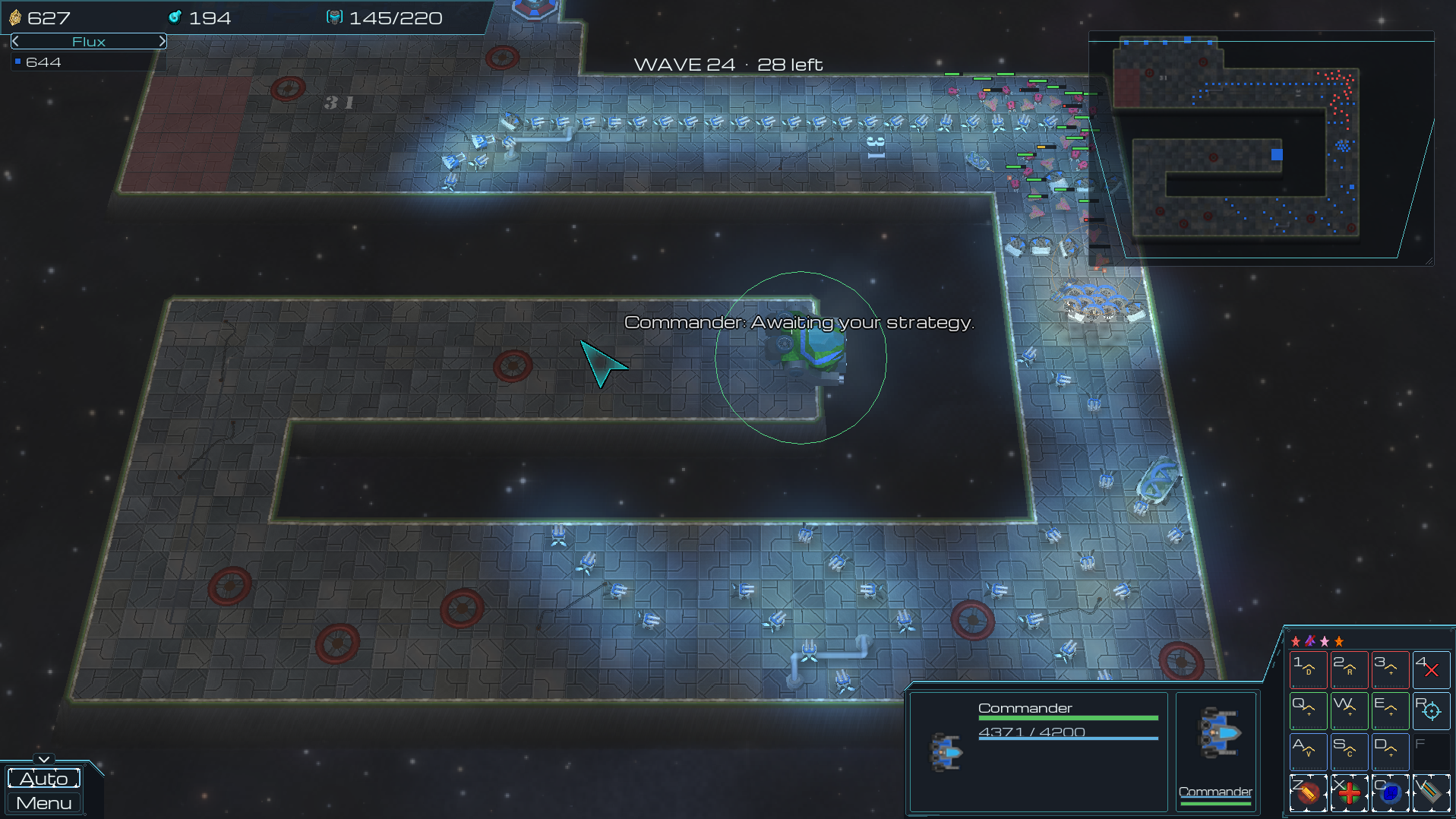 Resources across the top, the floating minimap, and the command deck along the bottom.